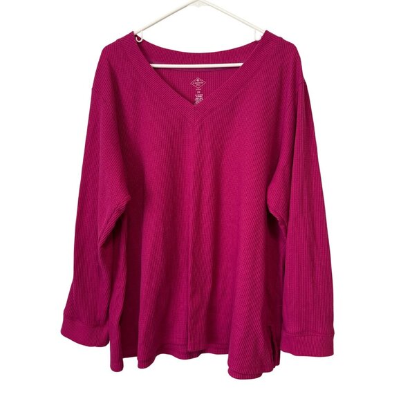 St Johns Bay Womens Fuchsia Waffle Knit V-Neck Pullover Long Sleeve Top 2X - Picture 1 of 5